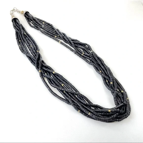 Vintage 1970s Coconut Shell Bead Black & Metallic Necklace - Picture 4 of 12